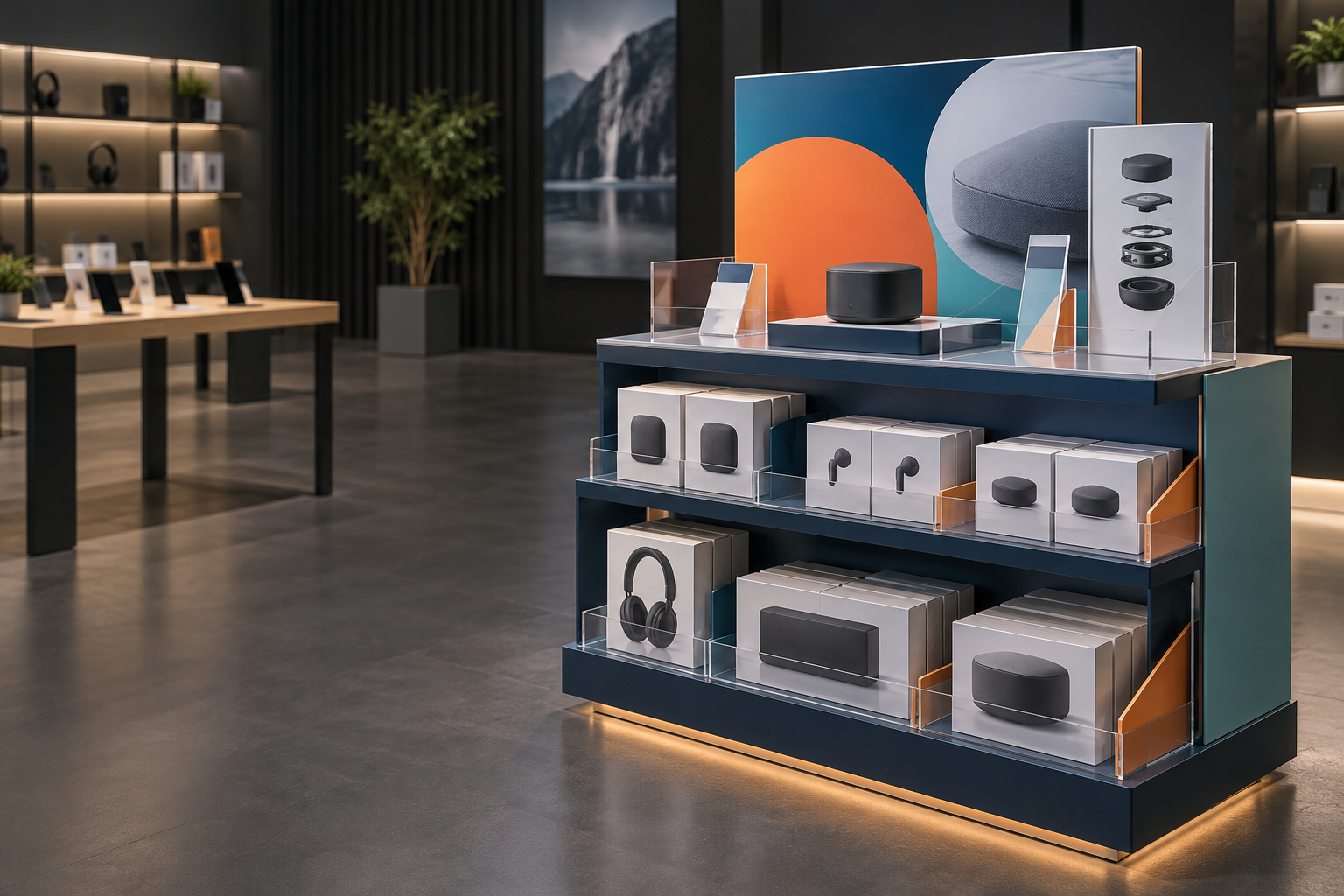 Concept study of a fictional consumer-electronics retail display.