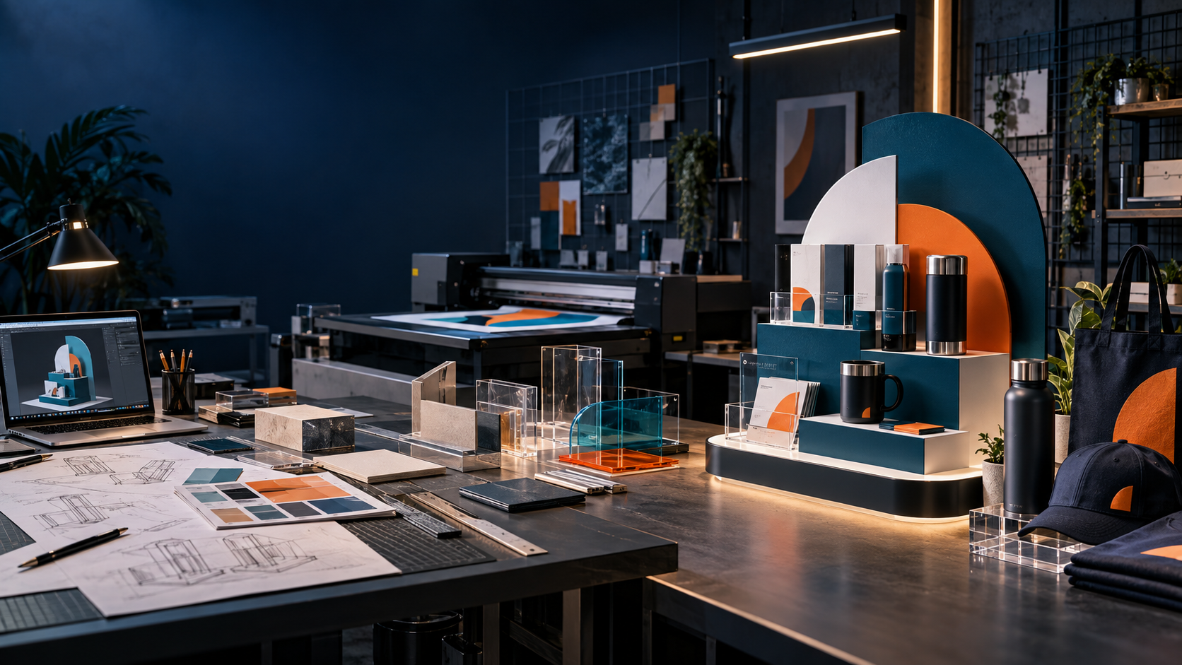 A creative production workbench with sketches, material samples, printed acrylic and finished merchandise.