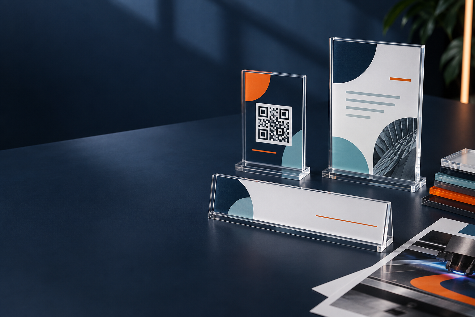 Concept study of acrylic desk signage and information displays.